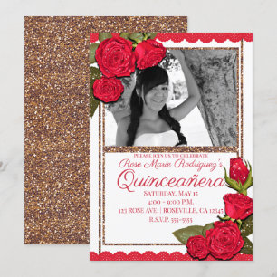 Convites Rosas Vermelhas com Brilho em Dourado Rosa Quincea