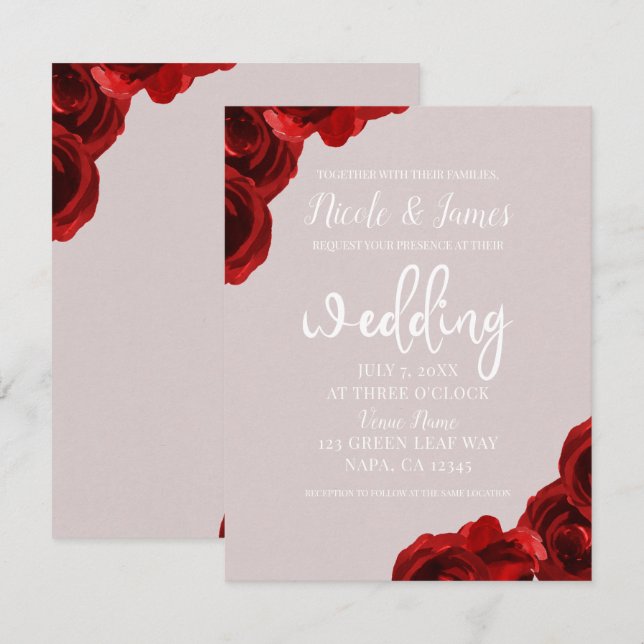 Convites Rosas Vermelhas de Aquarela Bege Moderno Casamento (Frente/Verso)