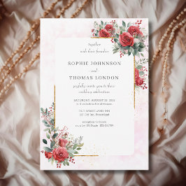 Convites Rosas vermelhas de casamento com moldura de ouro