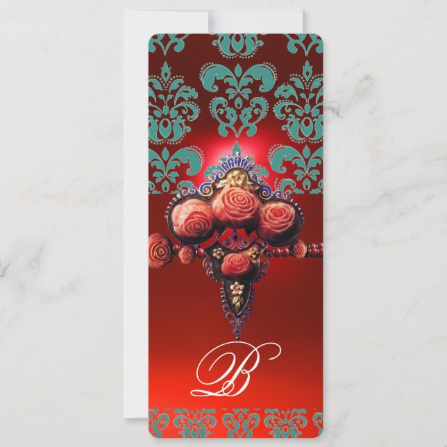 CONVITES ROSAS VERMELHAS DE CORAL, MONOGRAMA PRETO DAMASCO  (Frente)