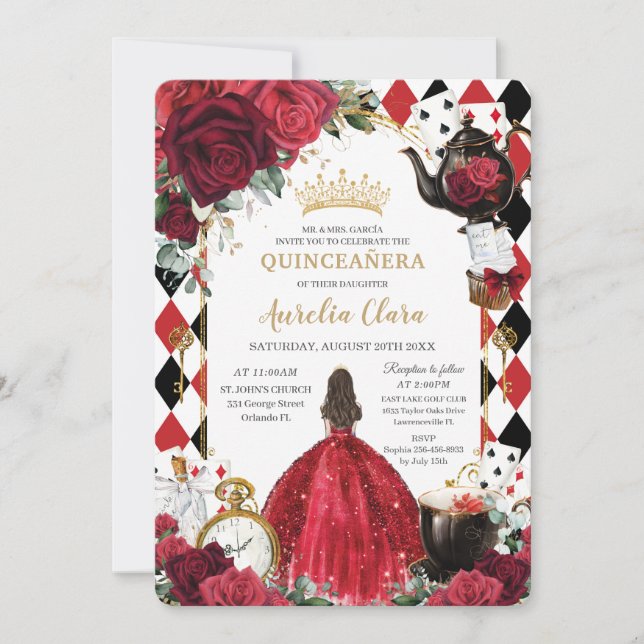 Convites Rosas vermelhas de Quinceanera Alice Floral no Paí (Frente)