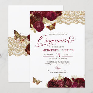 Convites Rosas vermelhas Douradas Lace Butterfly Quinceañe