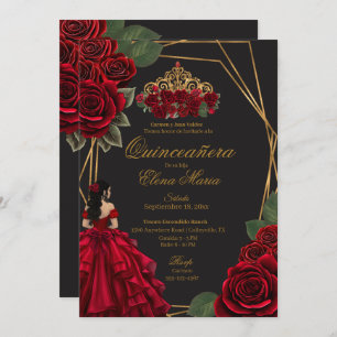 Convites Rosas vermelhas Douradas Princesa Quinceañera