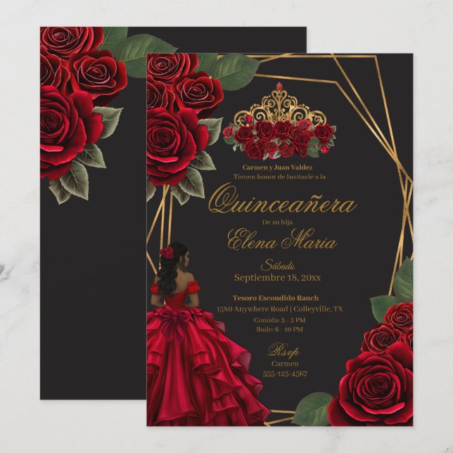 Convites Rosas vermelhas Douradas Princesa Quinceañera (Frente/Verso)
