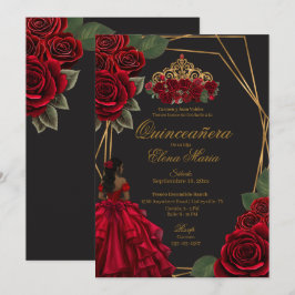 Convites Rosas vermelhas Douradas Princesa Quinceañera