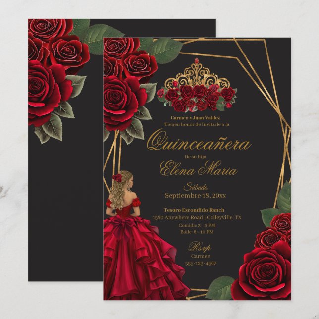 Convites Rosas vermelhas Douradas Princesa Quinceañera (Frente/Verso)