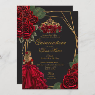 Convites Rosas vermelhas Douradas Princesa Quinceañera