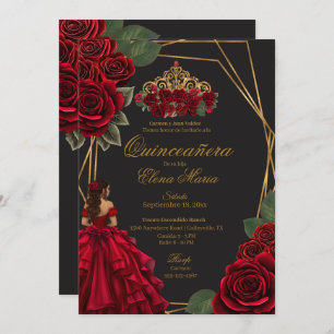 Convites Rosas vermelhas Douradas Princesa Quinceañera