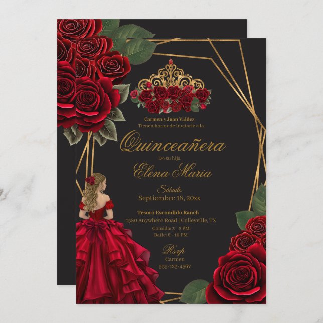 Convites Rosas vermelhas Douradas Princesa Quinceañera (Frente/Verso)