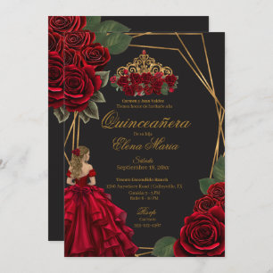 Convites Rosas vermelhas Douradas Princesa Quinceañera