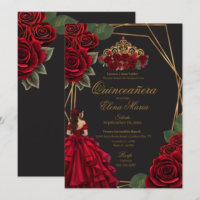 Convites Rosas vermelhas Douradas Princesa Quinceañera (Frente/Verso)