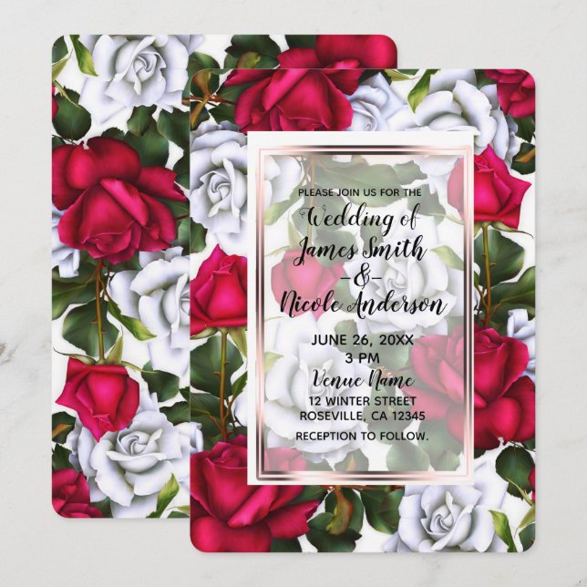 Convites Rosas Vermelhas e Brancas Casamento Glamour Shabby (Frente/Verso)