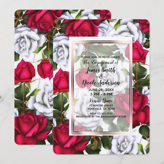 Convites Rosas Vermelhas e Brancas Noivado Glamour Shabby C (Frente/Verso)