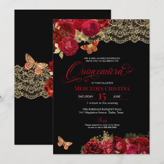 Convites Rosas vermelhas e cadeiras Borboleta Glamorosa Qui