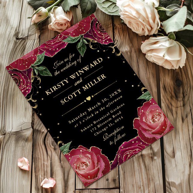 Convites Rosas Vermelhas e Douradas Casamento Floral (Criador carregado)
