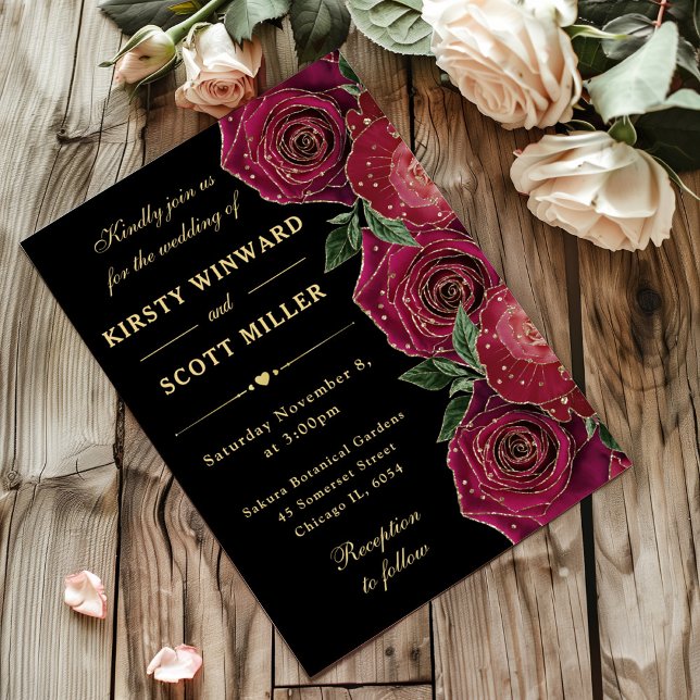 Convites Rosas Vermelhas e Douradas Floral Casamento (Criador carregado)