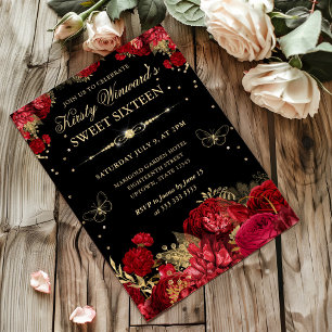 Convites Rosas Vermelhas e Douradas na Borda Floral Sweet S