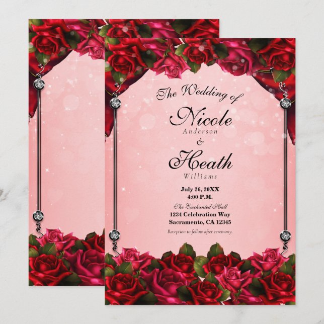 Convites Rosas Vermelhas e Glamour Cor-de-Rosa Casamento (Frente/Verso)