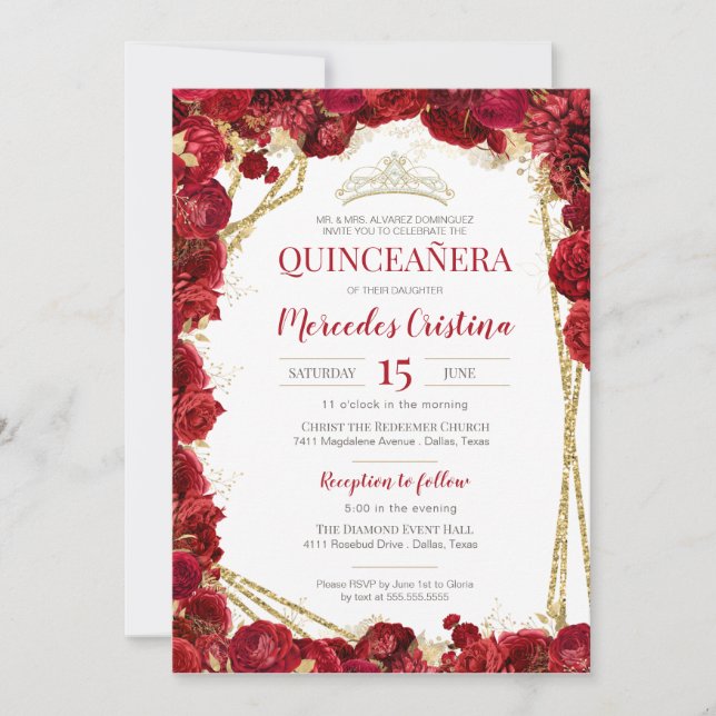 Convites Rosas vermelhas e Quinceanera Dourada com Tiara (Frente)