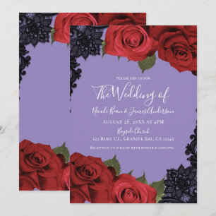 Convites Rosas Vermelhas e Renda Preta Casamento Chic Roxo