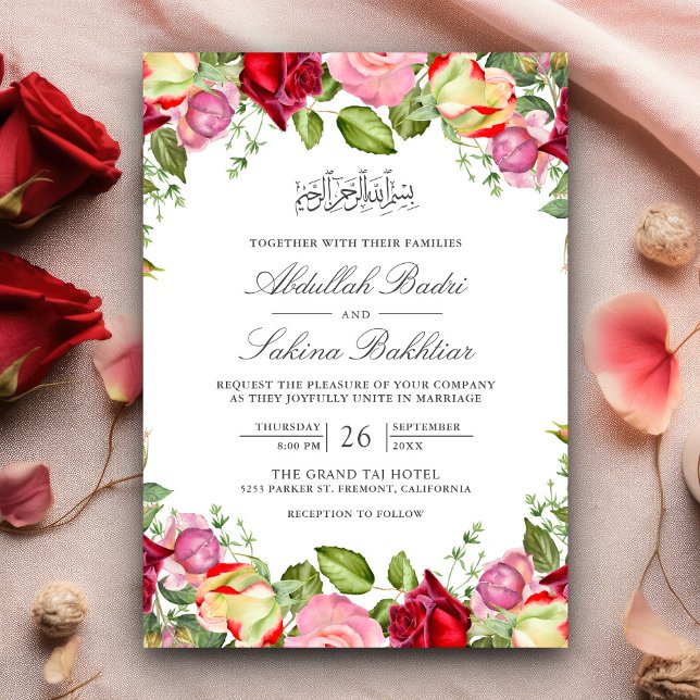 Convites Rosas Vermelhas e Rosadas Florais Casamento Muçulm (Criador carregado)