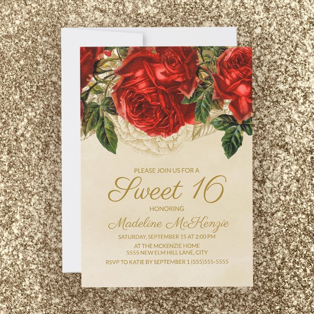 Convites Rosas Vermelhas Elegantes Bege Aniversário de 16 a (Criador carregado)