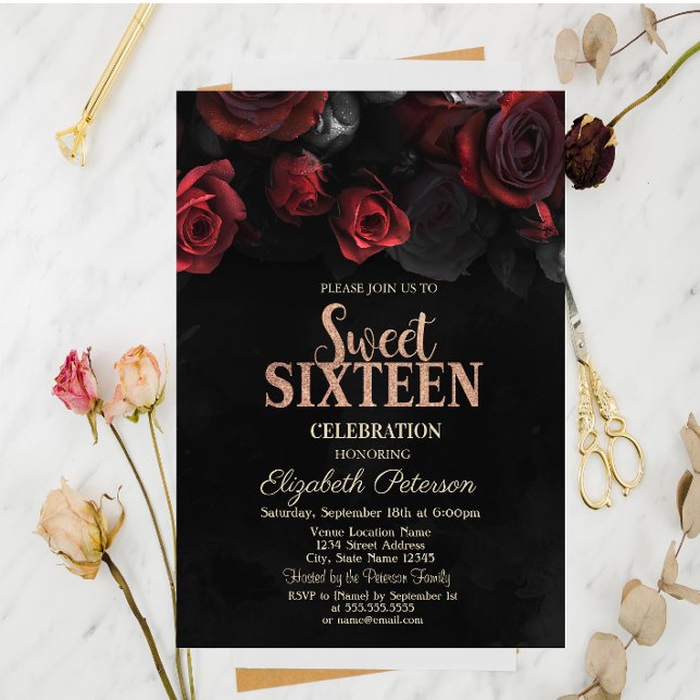 Convites Rosas vermelhas Elegantes Black Sweet 16 (Criador carregado)