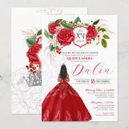 Convites Rosas vermelhas Elegantes Crest Floral Formal Quin