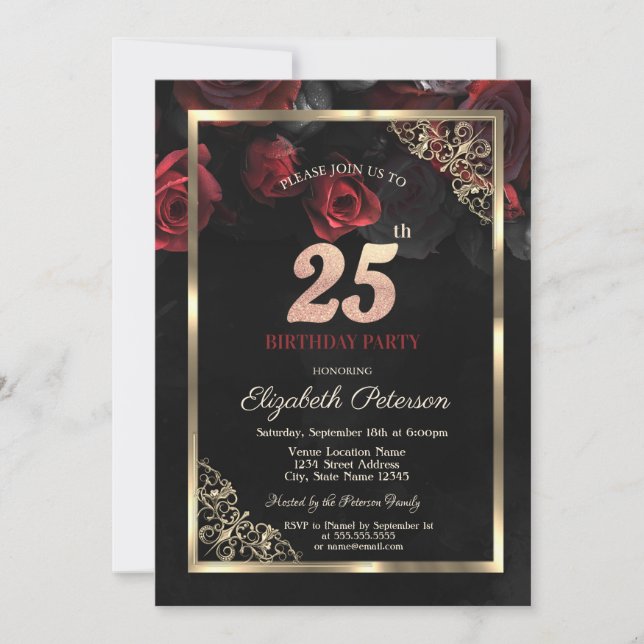 Convites Rosas Vermelhas Elegantes Enquadram 25º Aniversári (Frente)