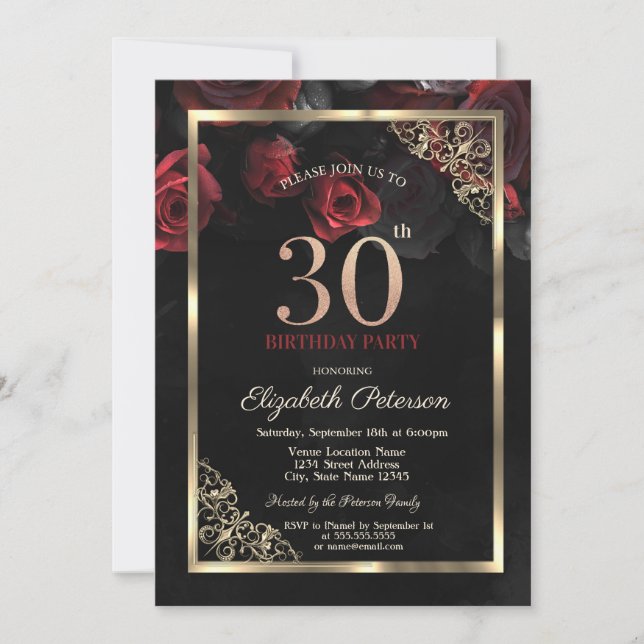 Convites Rosas Vermelhas Elegantes Enquadram 30º Aniversári (Frente)