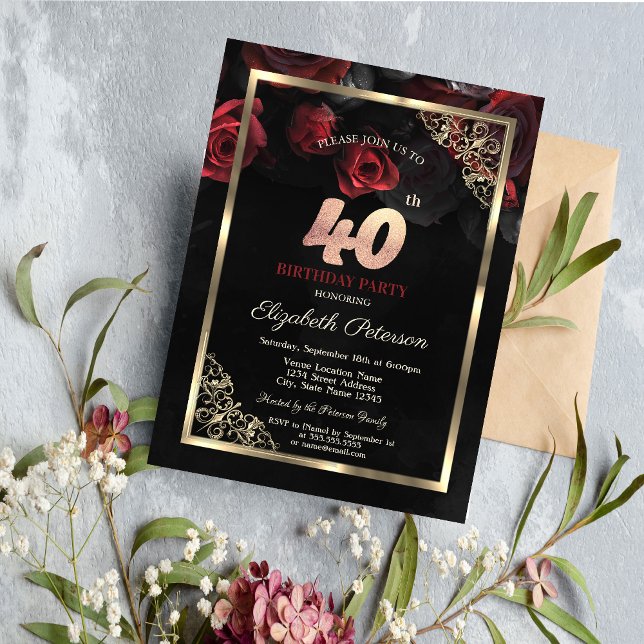 Convites Rosas Vermelhas Elegantes Enquadram 40º Aniversári (Criador carregado)