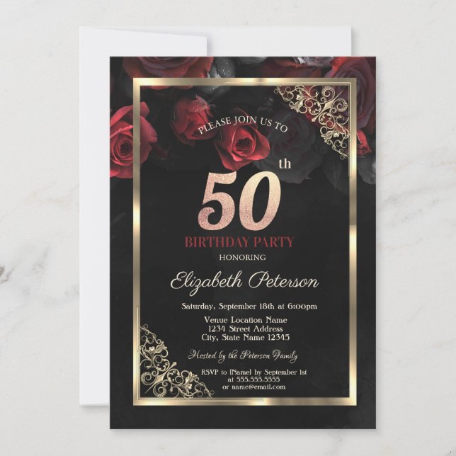 Convites Rosas Vermelhas Elegantes Enquadram 50º Aniversári (Frente)