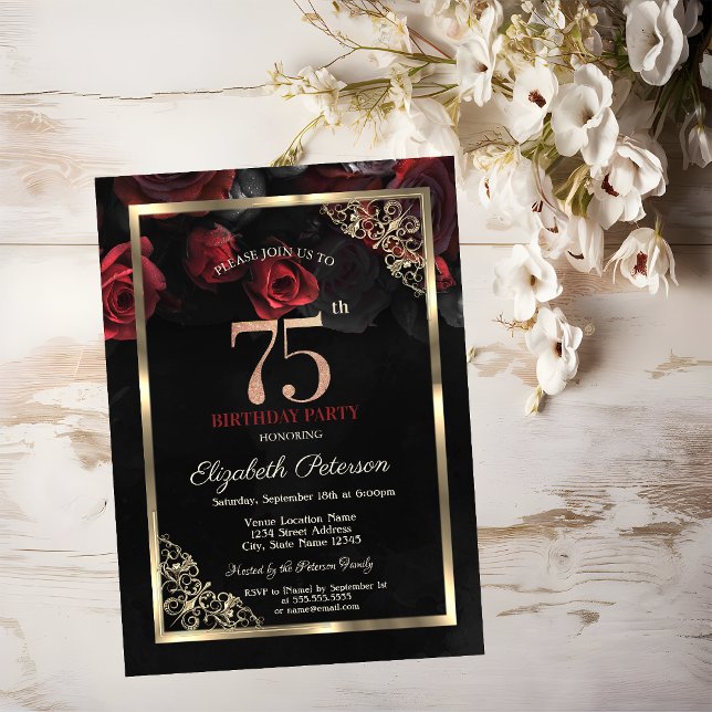 Convites Rosas Vermelhas Elegantes Enquadram 75º Aniversári (Criador carregado)
