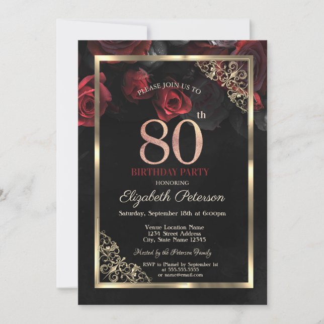 Convites Rosas Vermelhas Elegantes Enquadram 80º Aniversári (Frente)
