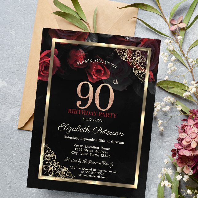 Convites Rosas Vermelhas Elegantes Enquadram 90º Aniversári (Criador carregado)