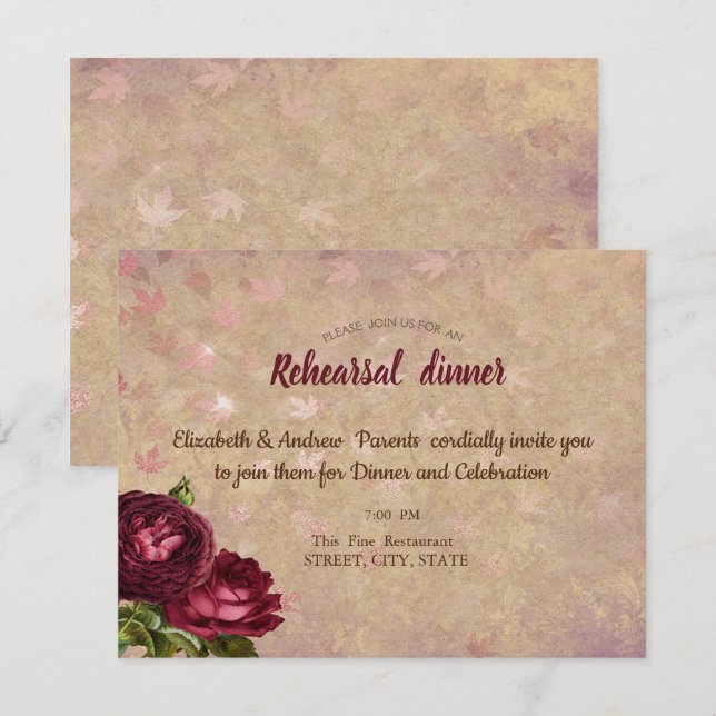 Convites Rosas Vermelhas Elegantes Folhas Caindo  (Frente/Verso)