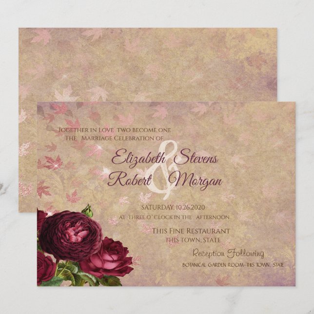 Convites Rosas Vermelhas Elegantes Folhas Caindo  (Frente/Verso)