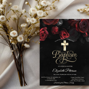 Convites Rosas Vermelhas Elegantes Góticas Batismo Preto