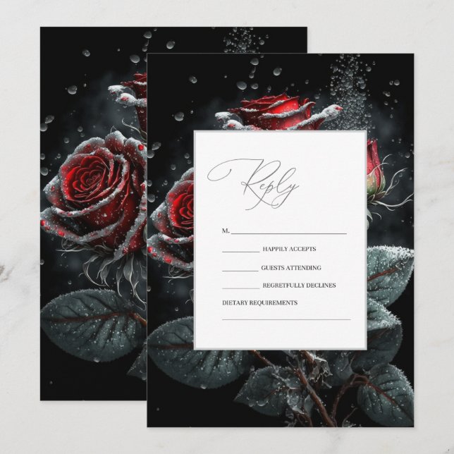 Convites Rosas Vermelhas Elegantes Preto RSVP (Frente/Verso)