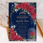 Convites Rosas vermelhas Encantadas Quinceañera Marinho Flo<br><div class="desc">Personalize este adorável convite floral de rosa encantado, de forma fácil e rápida, basta pressionar o botão Editar Usando Design Tools para reorganizar e formatar o estilo e posicionamento do texto. Apresentando rosas vermelhas vibrantes impressionantes e uma rosa vermelha em uma armação, colocada sobre um fundo azul marinho com sotaques...</div>