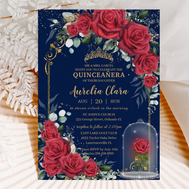 Convites Rosas vermelhas Encantadas Quinceañera Marinho Flo (enchanted red roses Quinceañera sweet 16 birthday invitation card printed instant download)