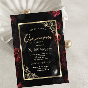 Convites Rosas Vermelhas Escuras Moldura Dourada Quinceañer