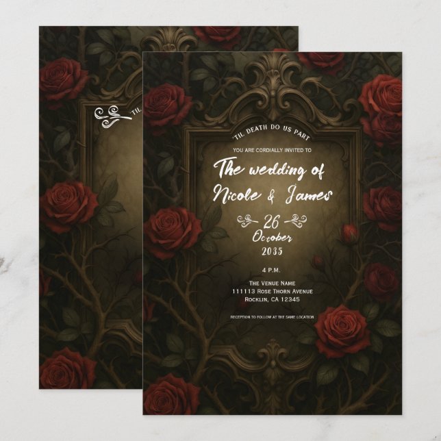 Convites Rosas Vermelhas Espinho Carmesim Casamento Gótico  (Frente/Verso)