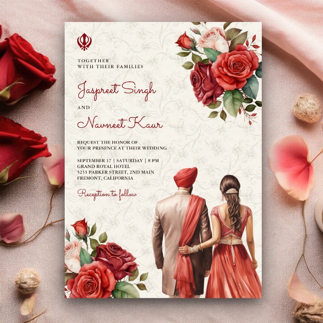 Convites Rosas Vermelhas Florais Casamento Sikh Punjabi Ind (Criador carregado)