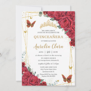 Convites Rosas Vermelhas Floral Borboletas Douradas Quincea