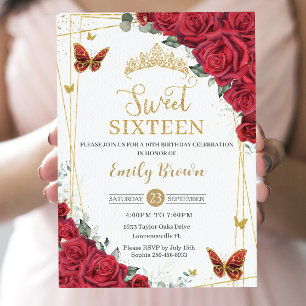 Convites Rosas Vermelhas Floral Borboletas Douradas Sweet S