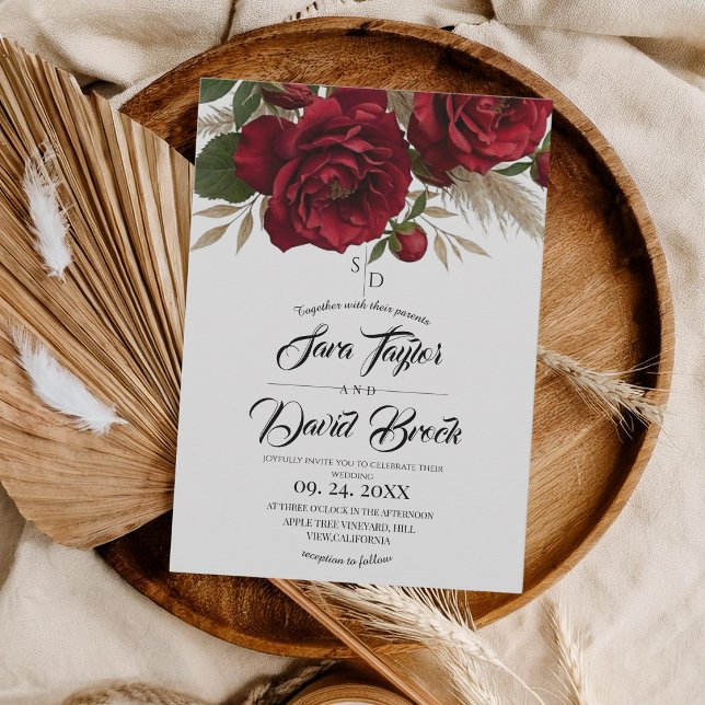 Convites Rosas Vermelhas Floral Casamento Boho Moderno (Criador carregado)
