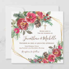 Convites Rosas vermelhas Floral Dourada Cruz Cristã Casamen