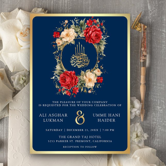 Convites Rosas Vermelhas Flores de Marfim Azul Dourado Casa (Criador carregado)