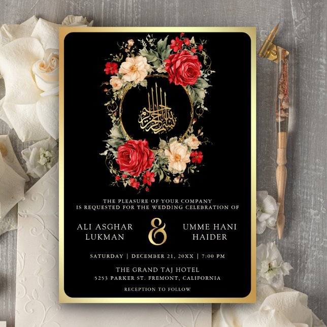 Convites Rosas Vermelhas Flores de Marfim Ouro Negro Casame (Criador carregado)